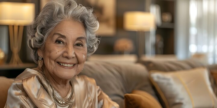 Elderly Latina woman smiling on sofa at home retired and healthy. Concept Portrait Photography, Senior Lifestyle, Healthy Aging, Happy Retirement, Home Sweet Home