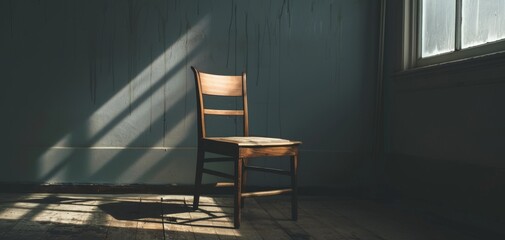 Empty chair in a dimly lit room, shadows cast on the wall, soft ambient light, close-up shot, mysterious atmosphere 