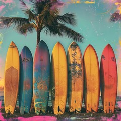 Classic Surfboards in Retrowave Vibrant Colors on Beach

