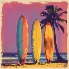Classic Surfboards in Retrowave Vibrant Colors on Beach

