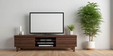 Interior home of living room with LED TV and plant on the wood cabinet on white wall