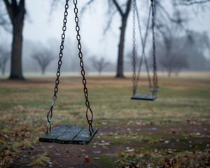 Empty swings swaying in a deserted park, overcast skies, gentle breeze somber atmosphere, high resolution, emotional stillness 