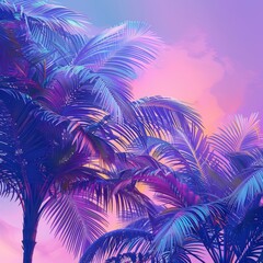 Retro Palm Leaves in Retrowave Pastel Colors on Tropical Beach

