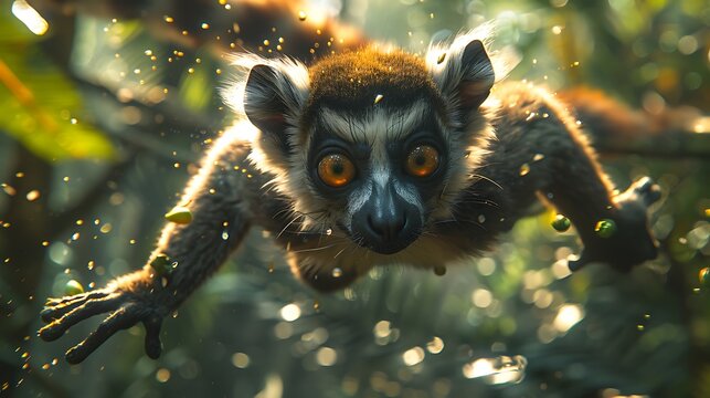 Deep the dense jungles of Madagascar a playful lemur named Momo swings through the treetops his long tail acting as a counterbalance as he navigates the lush canopy in search of ripe fruit
