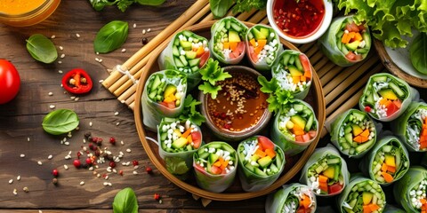 Fresh spring rolls on a bamboo mat, dipping sauce, vibrant vegetables healthy and delicious,...