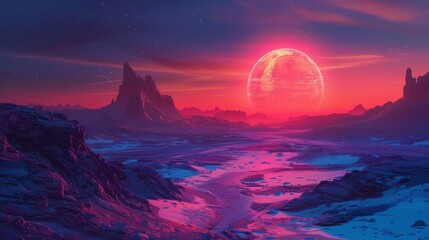 Neon Desert Landscapes Under Neon-Lit Sky

