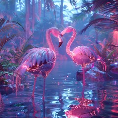 Neon Flamingos by Neon-Lit Pool with Tropical Vibe


