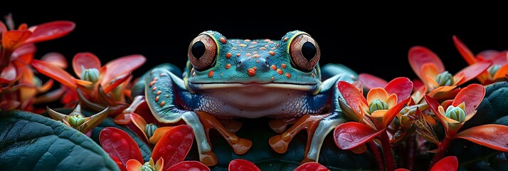 Deep the dense rainforests of Borneo a tiny tree frog named Tiko camouflages himself amongst the vibrant foliage his brightly colored skin blending seamlessly with the lush greenery that surrounds him