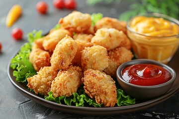 Crispy breaded chicken bites accompanied by mayo, ketchup, and mustard on a rustic table.