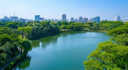 Obraz premium A large lake surrounded by green trees, with the city skyline in the background and highrise buildings standing tall on both sides of it