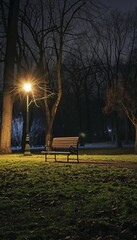 Fototapeta premium Empty public park at night with illuminated lights on, benches, and peaceful atmosphere