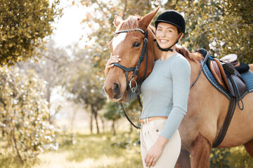 Woman, horse and happy in portrait in forest for ride with care, love and hobby in California....