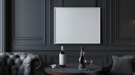 A sophisticated gentlemana??s lounge with a blank frame mockup on a grey table, deep grey walls adding a touch of class.