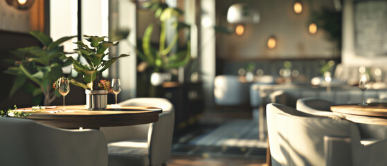 A tranquil morning vibe in a chic modern restaurant with warm sunlight.