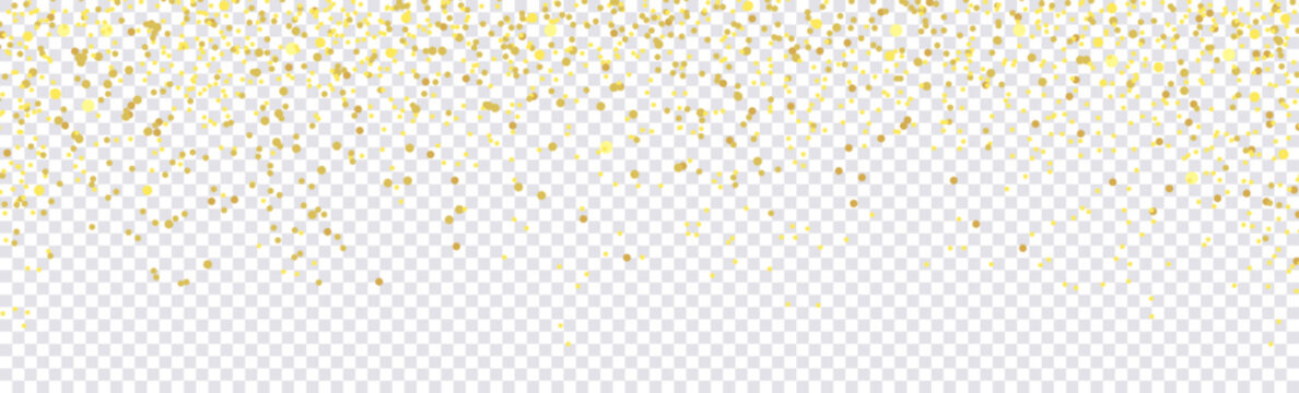 Wide gold glitter holiday confetti isolated on checkered background, vector illustration. Confetti particles fly in the air.