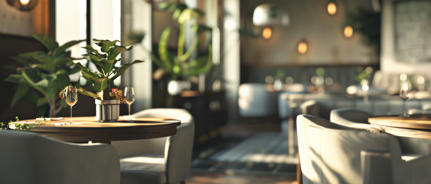 A tranquil morning vibe in a chic modern restaurant with warm sunlight.