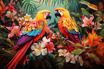 Colorful illustration of two parrots among exotic flowers, showcasing nature's beauty
