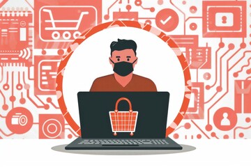 Creative Illustration of E commerce Security with Laptop, Digital Locks, and Circuit Board Elements in a Modern Style