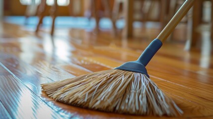 The broom sweeps away the dust on the wooden floor.