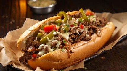 Close-up view of sizzling and flavorful Philly cheesesteak