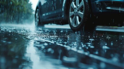 Car driving through a puddle on the road, splashing water.
