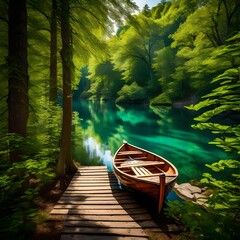 Imagine stumbling upon a hidden lake nestled deep within a dense forest. A rowboat awaits your adventure, and the lake is fringed with vibrant greenery.