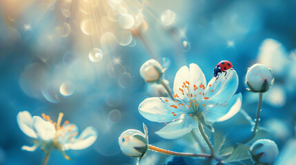 Beautiful white forest flower with buds and ladybug on - Powered by Adobe