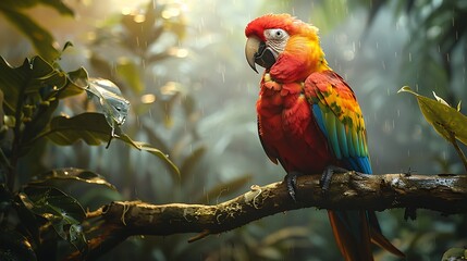 Deep the heart of the Amazon rainforest a vibrant parrot with iridescent feathers perches on a lush branch surrounded by a cacophony of exotic bird calls