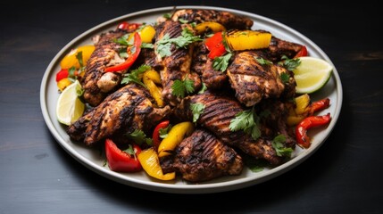 Fototapeta premium Tempting jerk chicken showcasing Jamaican spices and seasonings