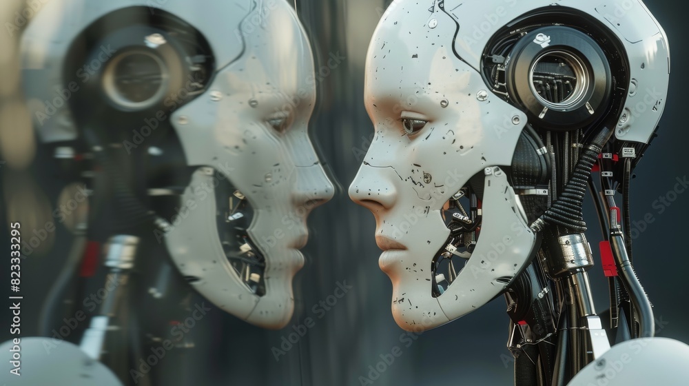 Poster detailed close-up of two robots facing each other, reflecting a sense of curiosity, with a focus on 