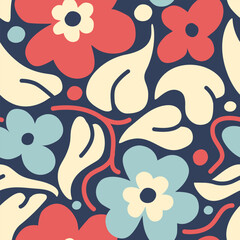 Hand drawn flower seamless pattern. Vintage floral background. Abstract simple flowers and leaves. Limited color pallet. Nature aesthetic print.