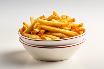 Tasty french fries in a clay dish against a white ceramic background