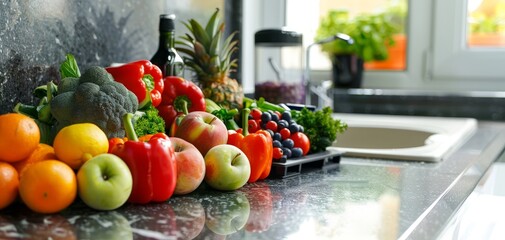 Juicing fresh fruits and vegetables in a modern kitchen side angle bright lighting organic health