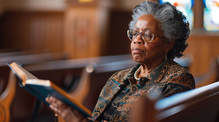 Woman in church reading the bible. 