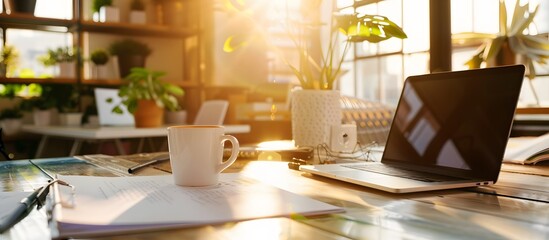 Laptop Mockup on Table in Meeting Room with Coffee Cup