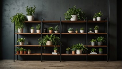 A contemporary-style bookshelf adorned with plants that serves as a modern decorative element for virtual office backdrops
