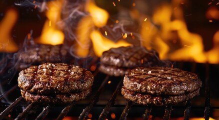 A closeup of burgers on the grill, with flames in background. The burger patty is well done and has...