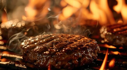 A closeup of burgers on the grill, with flames in background. The burger patty is well done and has sizzling red meat texture. a dramatic and visually appealing scene