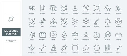 Model of molecule with chains and atoms network, particles thin black and red outline symbols, vector illustration. Molecular structure in scientific physics and chemistry research line icons set