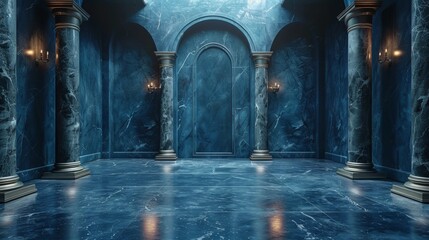 This image shows a spacious and elegant marble hallway with classical columns and arches, in a luxurious setup