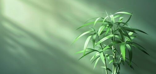Obraz premium Lucky bamboo plant in a minimalist setting, soft natural light, detailed leaves serene ambiance, centered composition 