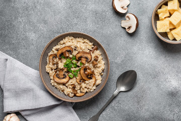 Risotto with mushrooms in a bowl on a gray concrete background. Traditional Italian food. Top view, flat lay.