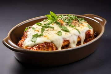 Tempting chicken parmesan in a clay dish against a white ceramic background