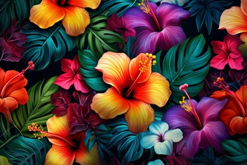 Vibrant tropical floral pattern with hibiscus and lush foliage botanical illustration on a dark background, perfect for nature-inspired textile and wallpaper designs