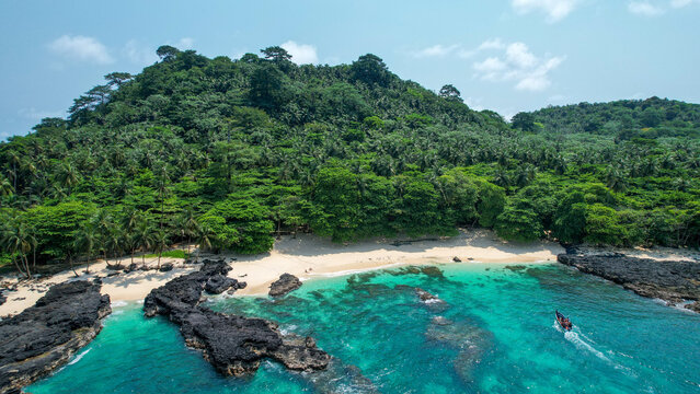 Aerial view from Ilheu das Rolas at Sao Tome, Africa
