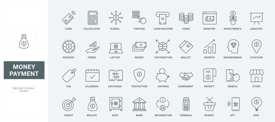 Outline financial trend analysis for investment and bank exchange, wallet and laptop, calculator and calendar mobile app. Money payment, economy thin black and red line icons set vector illustration