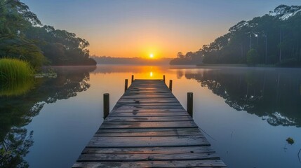 Fototapeta premium A serene photo of a sunrise over a calm lake, representing new beginnings and hope.