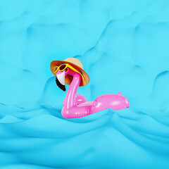 Pink flamingo floating on water on fluorescent blue background. Summer travel concept. 3D Rendering, 3D Illustration