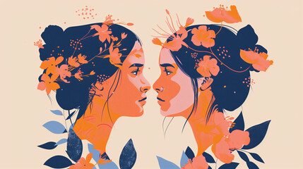 Art of a girls and flowers. A beautiful digital illustration of a girls surrounded by flowers on a beige background.