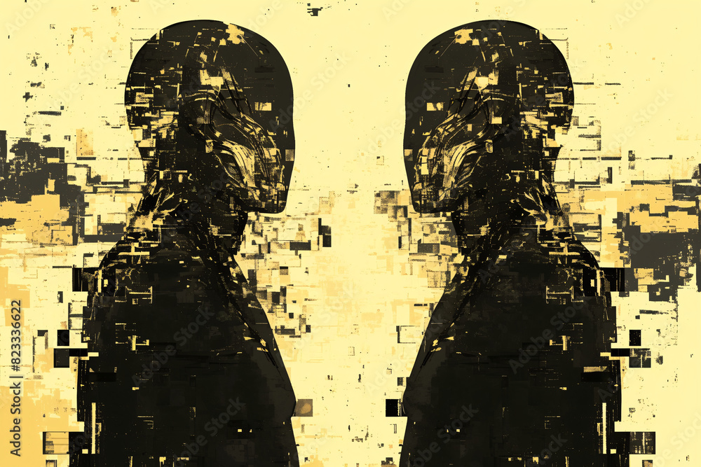 Poster two robotic figures facing each other with glitch effects creating a symmetrical, futuristic digital